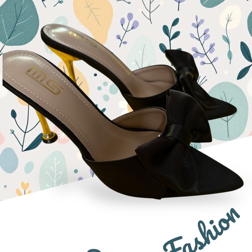 NWT Women’s 7.5 Satin Black Bow gold shiny Heeled shoes